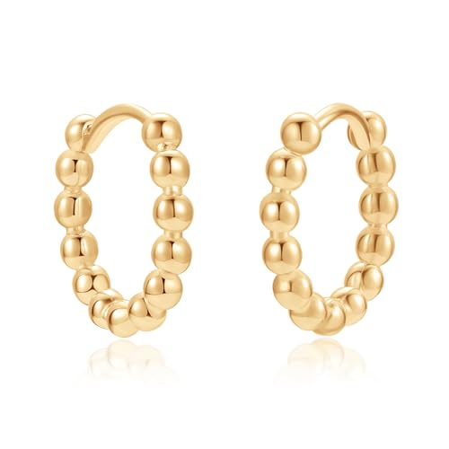 14k Gold Filled Huggie Hoop Earrings for Women - Dainty Small Beaded Hypoallergenic Jewelry Gift