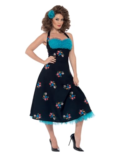 Smiffys Disfraz de Cha Cha DiGregorio de Grease, Negro, con vestido sin espalda y pinza para el pelo
