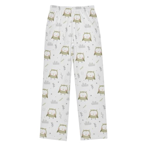 Cute Owl Florals Boys Long Pants Soft Trousers Elastic Waist Kids Lounge Bottoms with Pockets S-XL