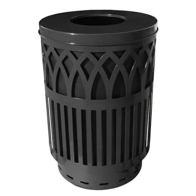 Cottington Round 40 Gallon Commercial Trash Can | Steel Outdoor Industrial Trash Can with Rain Cap | Great for Outdoor Public Spaces - Black