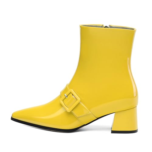 Women's Mid-Calf Boots, Women's Chunky Heeled Booties Patent Leather Buckle Square Toe Ankle Boots Mid Block Heel Short Boots 2 Inch2
