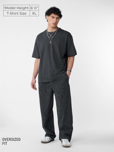 Image of The Souled Store Textured T-Shirt: Midnight Men and Boys Short Sleeves Round Neck Grey Cotton Oversized T-Shirts