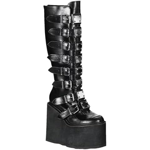 DETOGNI Women's punk goth platform boots Buckle Straps Back Zipper gothic boots Ladies Rivets Metal Decoration Long Boots knee high Tall Boots Combat Boots（Black US11） Cover
