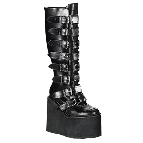 DETOGNI Women's punk goth platform boots Buckle Straps Back Zipper gothic boots Ladies Rivets Metal Decoration Long Boots knee high Tall Boots Combat Boots