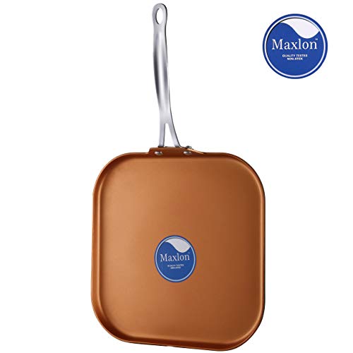 AMERICOOK 11 Inch Copper Grill Pan, Non-Stick Square Griddle Pan for Pancake Crepe