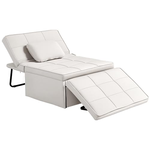HOMCOM Sofá Cama Convertible Plegable 4 en 1, Sillón Cama Plegable, Tapizado en Lino, con Respaldo Ajustable, Reposapiés, Almohada, para Espacios Pequeños, Apartamentos, Crema