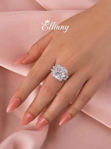 10ct Luxurious Crushed Ice Radiant Cut Three Stone Engagement Ring,Big CZ Simulated Diamond 925 Sterling Silver Promise Ring for Wedding,Daily,Travel4