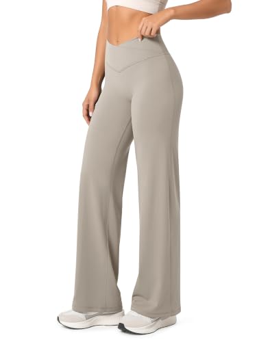 ODODOS Women's Crossover Straight Leg Pants - Buttery Soft No Front Seam High Rise Hidden Scrunch Butt Lifting Yoga Pants, 31" Inseam, Dark Beige, Medium