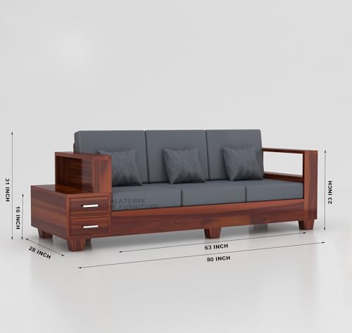 Image of Sheesham Wooden 3 Seater Sofa for Living Room | Solid Wood Sofa with Side Box Storage & Cushion | Rosewood Sofa Set for Home & Office | Lounge (Honey, 3 Seater)