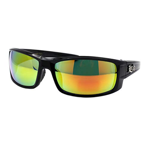 Locs Sunglasses Mens Black Wrap Rectangular Shades Mirror Lens UV 400