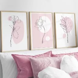 DIHANSM Rosa Pflanzen-Wandbild, botanisches Wanddekor-Poster, Heimdekor-Leinwandbild (60x80cmx3/Galerie-Rahmen)