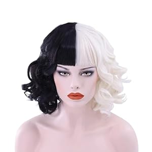 Sipiris Medio Negro Medio Blanco PeruCke Halloween Corto Negro BlancoE PeruCke Cruella Diablo Disfraz Señoras Cosplay Peluca para Carnaval y Fiesta Disfraz