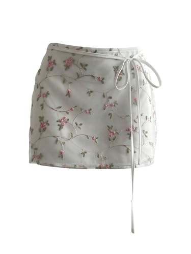 Floerns Women's Floral Embroidery Mesh Skirt Low Waist Vacation Boho Mini Skirts