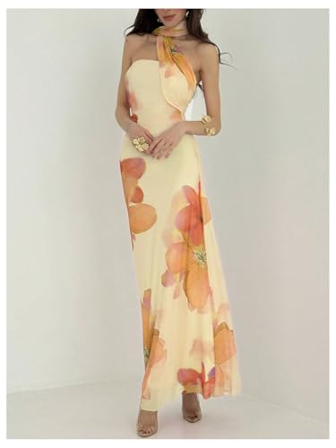 Image of Milumia Women's Halter Floral Bodycon Dress Summer Vacation Sleeveless Party Cocktail Maxi Dresses