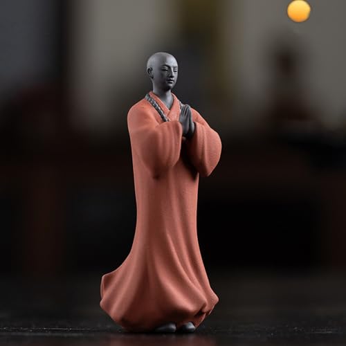 CHBDJY Chinese Buddha Monk Statue, Purple Sand Meditation Shaolin Zen Monk Figure for Home Office Tea Table Decor, 5.1 H