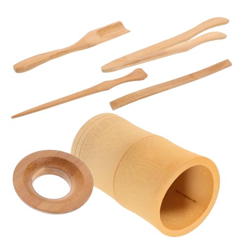 OHPHCALL Bamboo Tea Spoon Clip and Storage Bucket 6pc Tea Ceremony Set Chinese Tea Tools Elegant Decor for Home Office