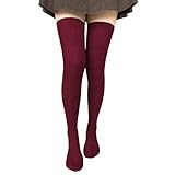 Bestjybt Women Thigh High Socks Cotton Cable Knit Over the Knee Boot Stockings Long Warm leg Warmers (Wine Red)