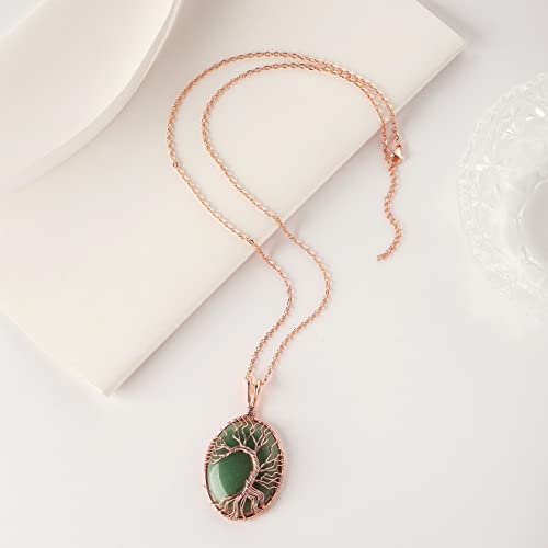 Dhzjtsl Green Aventurine Crystal Necklace Tree Of Life Wire Wrapped Natural Gemstone Pendant Necklaces Reiki Healing Quartz Oval Stone Jewelry Necklace For Women #TOP1