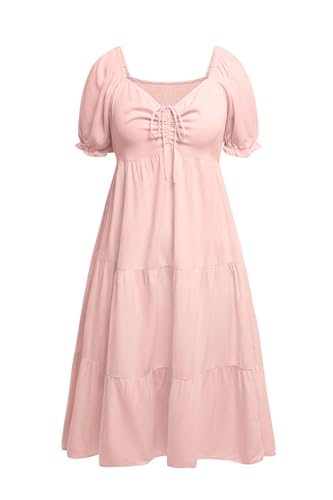 Image of Plus Size Summer Dresses - Sweetheart Neck Drawstring Puff Sleeve Casual Tiered Aline Flowy Midi Dress