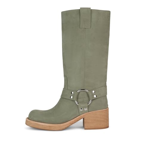Image of Women's Knee High Riding Boots Round Toe Block Heel Fashion Motorcycle Booties Side Zipper Wide Calf Biker Riding Boots with Studs