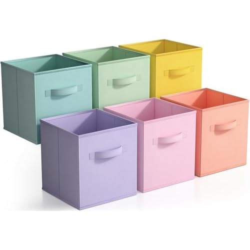 Sorbus 11 Inch Fabric Storage Cubes – Sturdy Collapsible Bins With Handle – 6 Foldable Baskets for Organizing Clothes, Toys, Books – Multi Colored Storage Baskets for Shelves, Kids Room, Closets