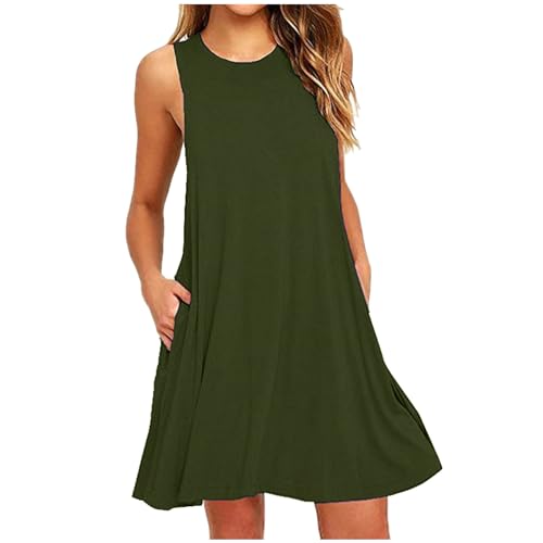Mini Dresses for Women 2025 Summer Sleeveless Beach Holiday Sundress Fashion Crew Neck Flowy Tank Dress with Pockets(Army Green,X-Large)