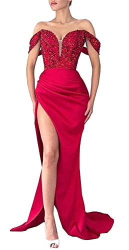 Off Shoulder Prom Dresses 2023 Mermaid V Neck Sequin Long High Split for Women Formal Evening Party Gowns Wrap Satin Train