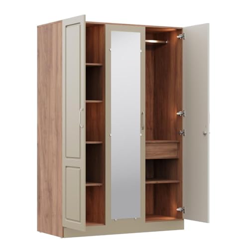 Image of Wakefit Wardrobe for Bedroom | 3 Yr Warranty | Cupboard for Bedroom, Almirah, Wooden Wardrobe, Comes with LED light, Storage Drawer, Mirror & Hanger, Density:680-750kg /m, Free Installation(Tyrian-CB)