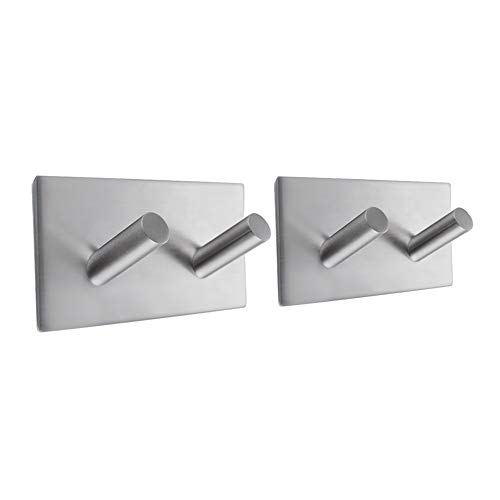Kes Self Adhesive Hooks Rail Rack Sticky Stick On Coat and Robe Key Hook SUS 304 Stainless Steel Brushed Finish 2-Hook 2-Piece, A7063H2-2-P2