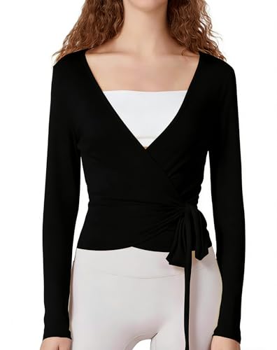 Womens Ballet Wrap Top Long Sleeve Tie Front Workout Cover Up Pilates Yoga Tops Y2k Fairy Coquette Shirt Going Out (Black Slim Fit, S)