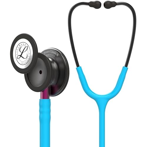 3M Littmann Classic III Monitoring Stethoscope, 5872, More Than 2X as Loud, Weighs Less, Stainless Steel Smoke-Finish Chestpiece, 27" Turquoise Tube, Pink Stem, and Smoke Headset