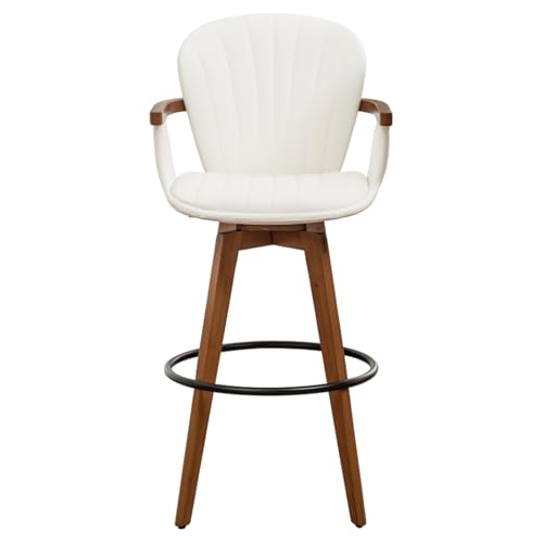 Image of LUNLING 26 inch Counter Height Stools,Mid Century Modern Bar Stools,White PU Leather Kitchen Island Stool,Wood High Barstools Swivel with Back and Arms for Home Bar Furniture,1PCS