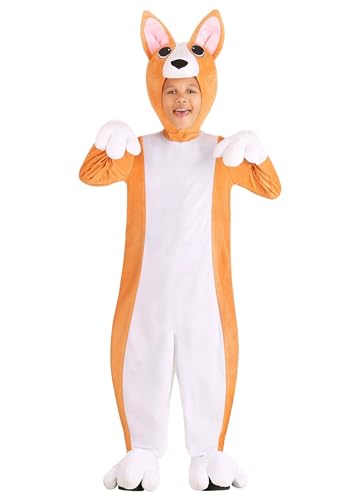 Corgi Costume for Kids, Plush Orange and White Cute Dog Jumpsuit with Hood and Mittens Small
