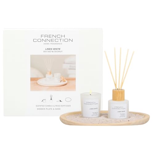 French Connection Linen White Home Fragrance Gift Set | Scented Candle & Reed Diffuser with Wooden Plate & Sand | Luxury Aromatherapy Set | Coastal Sea Salt & Coconut (Small)
