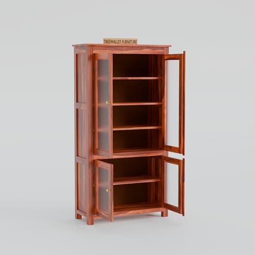 Image of Solid Sheesham Wood Crockery Cabinet with 4 Acrylic Glass Doors | Wooden Wardrobe Kitchen Cabinet with 6 Shelves Storage | Bookcase for Living Room, Bedroom & Office | Honey Finish
