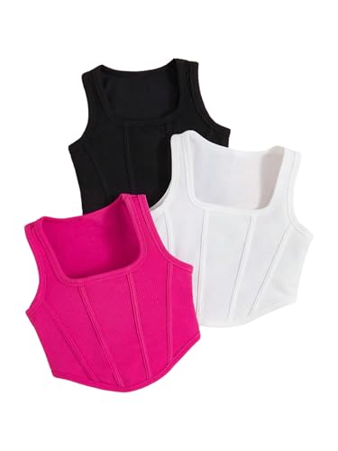 SHENHE Girl's 3 Pack Square Neck Sleeveless Asymmetrical Fitted Tank Bustier Crop Tops
