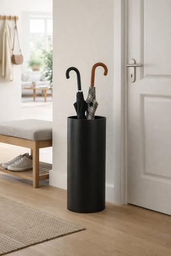 Neustein Schirmständer mit modernem Design aus Metall, rund schwarz, für Heim und Büro, Design-Ständer, 2 Haken, 2x Wasserauffangschale herausnehmbar, 49cm hoch, 19cm Durchmesser, Regenschirmständer