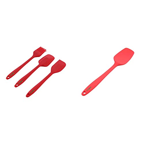 Image of Clazkit Silicone Non-Stick Spatula and Brush with Scraper, 3-Pieces, Red & Silicone Steel Spatula, Red Combo
