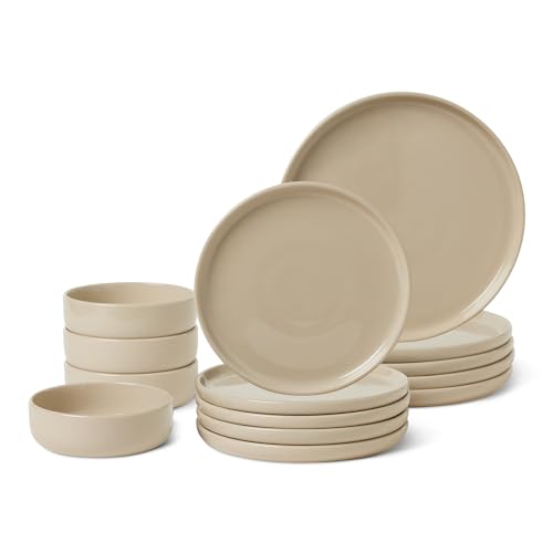 Amazon Basics Glazed Stoneware Dinnerware, 12-Piece Set, 4 Full Place Settings, Dishwasher-Safe, Microwave-Safe, Linen Gray