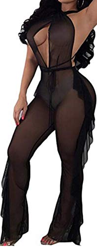 TUSFTAY See Through Sheer Mesh Bandage Two Piece Bikini Cover Up Hoodie Crop Tops and Legging Pants (M, Black)