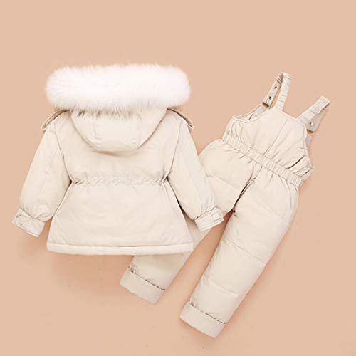 Baby Hooded Down Jacket Ski Bib Trousers Kids Snowsuit 2 Piece Ski Coat Pants Winter Outfits Set, 1-2 Years Beige - Thumbnail 2