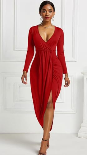 GOBLES Women's Sexy Long Sleeve V Neck Wrap Ruched Front Slit Midi Party Dress2