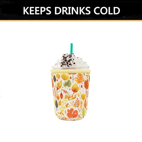 Image of YR Reusable Neoprene Insulator Sleeve for Iced Coffee Cups, 3 Pack Coffee Coolies sleeves for Iced & Hot Drinks, Cold Beverage Cooler Compatible with Starbucks Coffee and More (Fall Leaves)