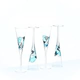 Victoria Barcelona Champagne Flute Set of 4 – 7.5 oz Mouth-Blown Turquoise Sea Glass | Hand-Painted Gaudí & Murano Inspired | Artistic Unique Gift Ideas for Her or Him