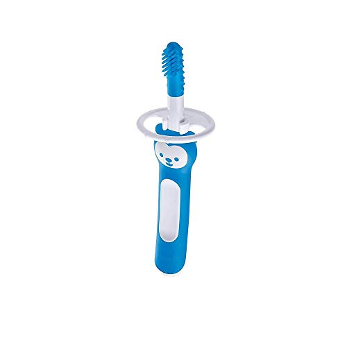 Image of MAM Massaging Baby Toothbrush, Gum Cleaner and Massager with Brushy The Bear Character, Interactive App, for Boys 3+ Months, Blue