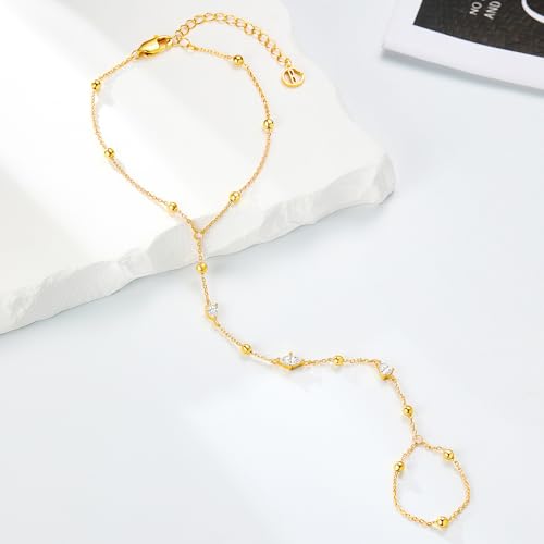 Cicy Bell Hand Chain 18k Gold Plated Bracelet for Women Trendy Teardrop Cubic Zirconia Adjustable Finger Ring Slave Dainty Bracelets Jewelry Gifts3