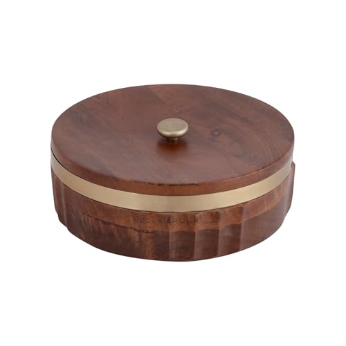 Image of Brick Brown Zari Wooden Masala Box with Lid & Gold Band | 7 Steel Containers & Wooden Spoon | Spice Box Organizer /Masala Dani | Solid Wood Round Spice Storage Case for Kitchen 8.7x8.7 x3.5 Inch
