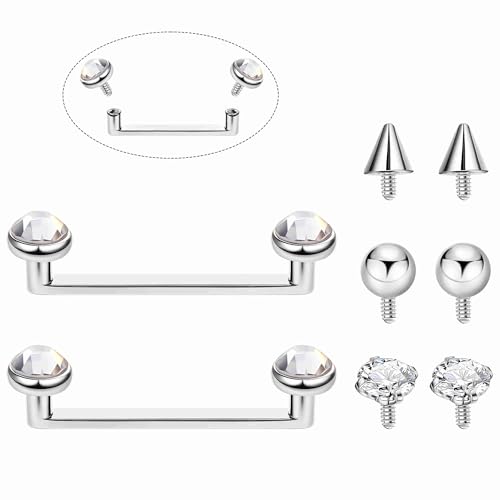 Masedy 2PCS 14G G23 Pure Titanium Staple Surface Piercing Jewelry Flat Bar Internally Threaded Double Staple Barbells for Surface with 6 PCS Replacement Balls CZ Snake Eye Tongue Piercing Silver 12MM
