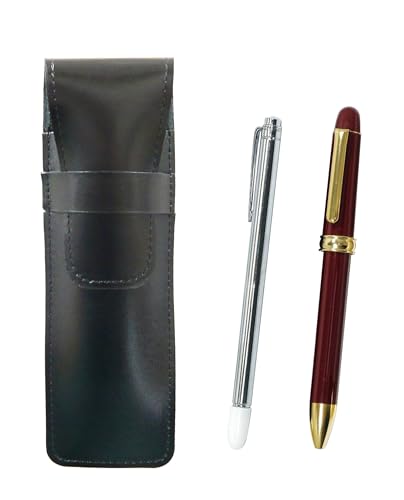 スリム牛革ペンケース黒 金属製指示棒と2色回転ボールペン2C600セット 赤 ASB-701S-2C600-R