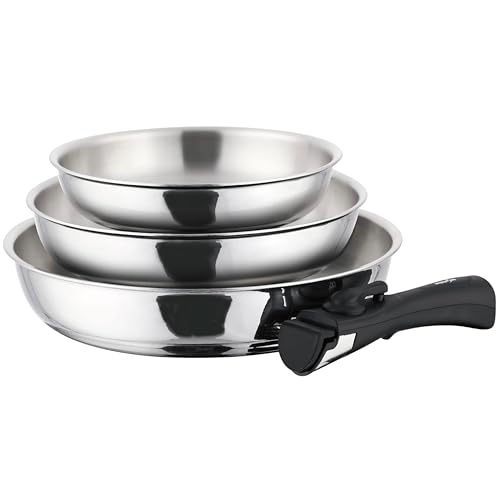 TeCuisine – Lot Coffret de 3 Poêles Inox 18/10 Triply – 20/24/28 cm – Avec Manche Amovible...